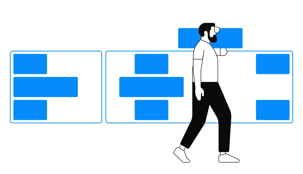 Un hombre caminando con una caja azul en su cabeza. Diseño de experiencia de usuario (UX).