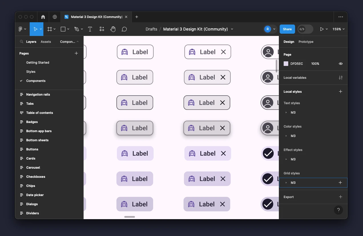 Diferentes tipos de botones en el sistema de diseño en Figma