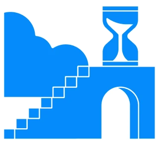 Ilustración de un conjunto de escaleras azules y un reloj de arena.