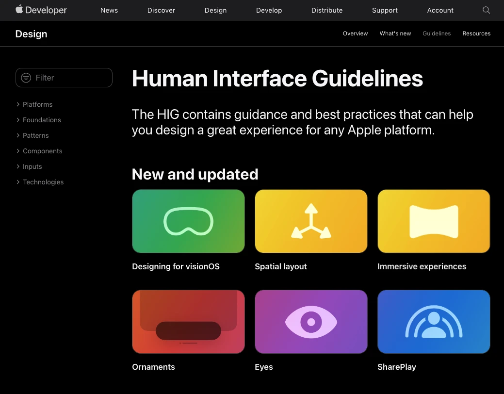 Página principal del sistema de diseño Human Interface guidelines de Apple