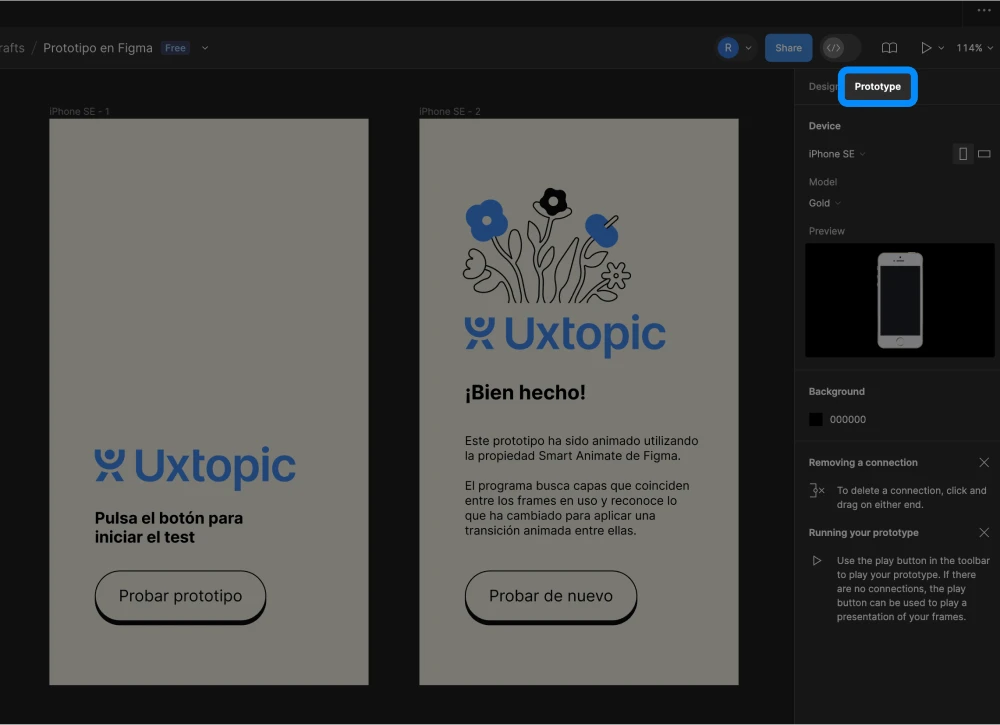 Acceder a la sección de prototipos en Figma