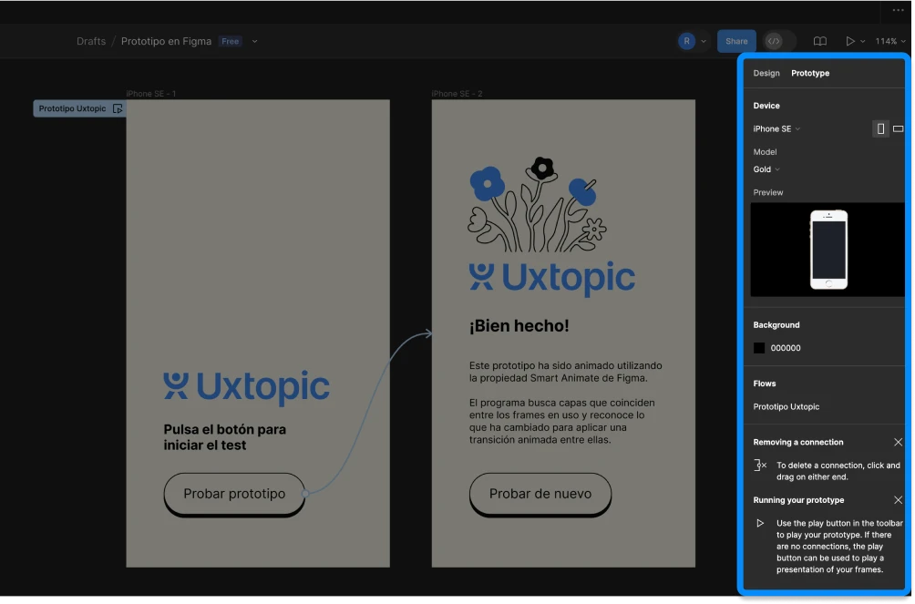 Seleccionar el dispositivos de previsualización para prototipos en Figma