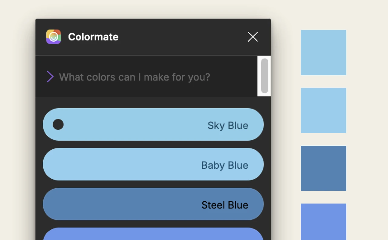 Captura de pantalla del plugin colormate para paletas y colores en Figma