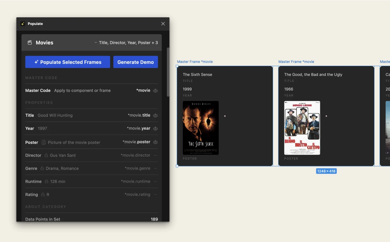 Captura de pantalla del plugin populate para gestion de datos en Figma