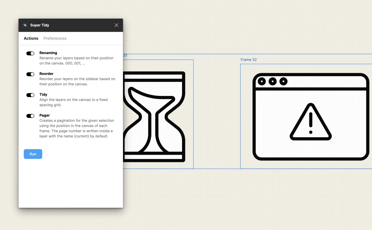 Captura de pantalla del plugin super tidy para organizacion en Figma