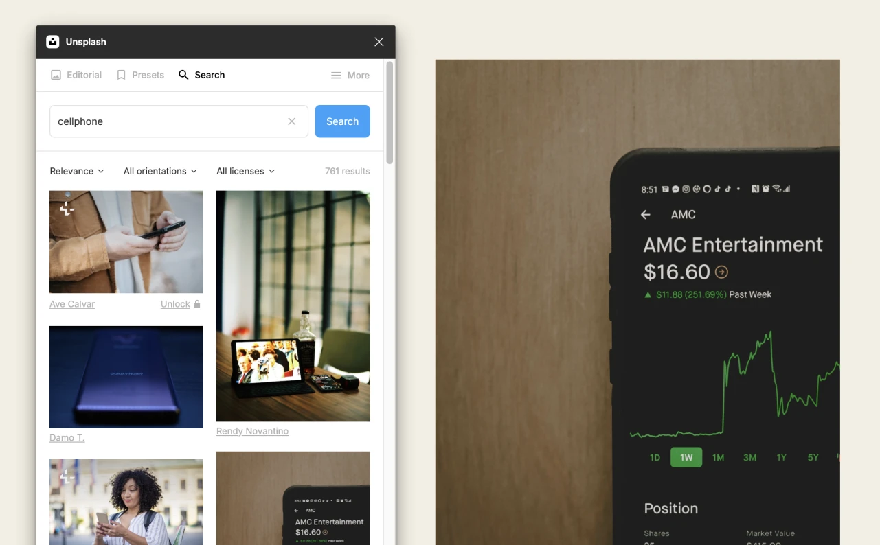 Captura de pantalla del plugin unsplash para imagenes y fotografia en Figma